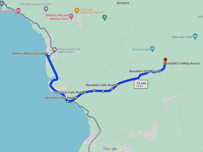 A Google Map showing the route and distance from Almeria to Asemco Hilltop Resort.