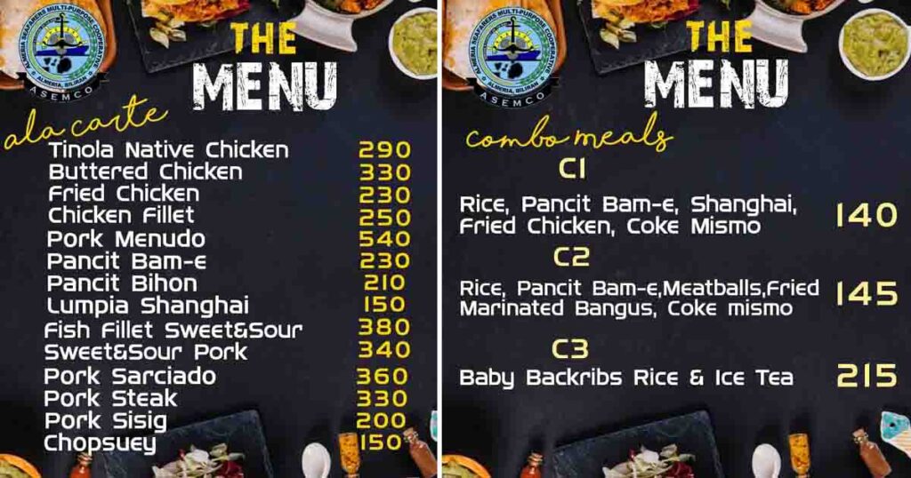 Ala Carte and Combo Meals menu with prices.