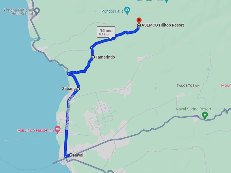 A Google Map showing the route and distance from Naval to Asemco Hilltop Resort.