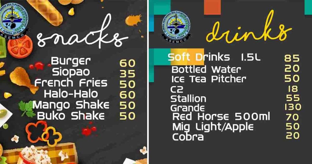 Snacks and drinks menu with prices.
