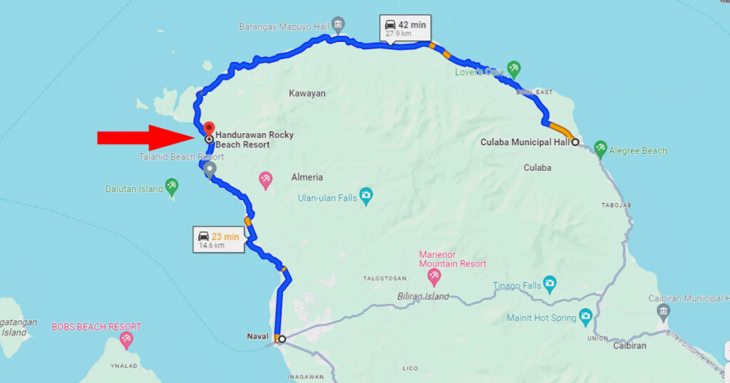 Map location of Handurawan in the Island of Biliran with a route from Naval and Culaba.