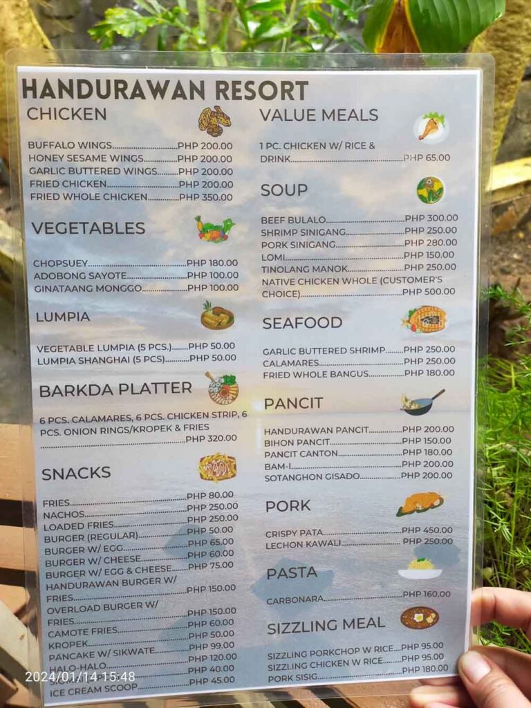 Various meals in the menu for snacks and other foods.