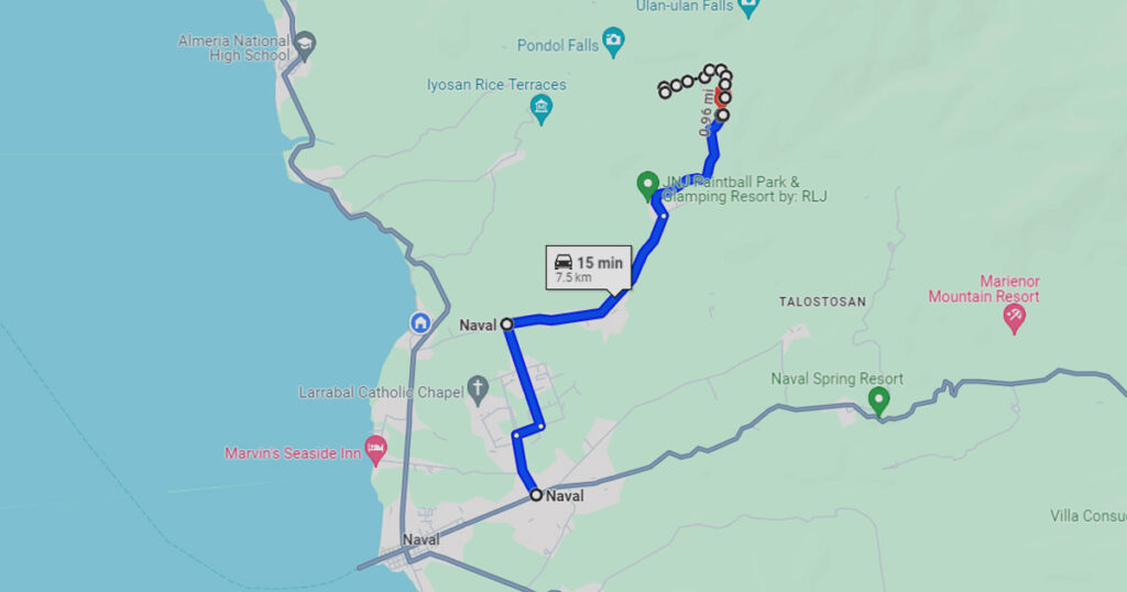 Map showing a route from Cross country road to Erika's Nature Park via Talustusan.