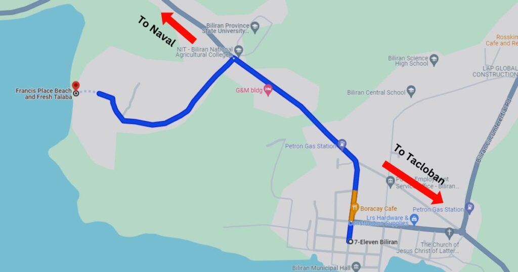 A map showing the route going to Talabahan sa Omas from 7-11 Biliran. It also shows the landmark BIPSU Biliran Campus.