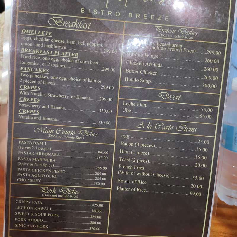 The food menu of Celestino Hotel.