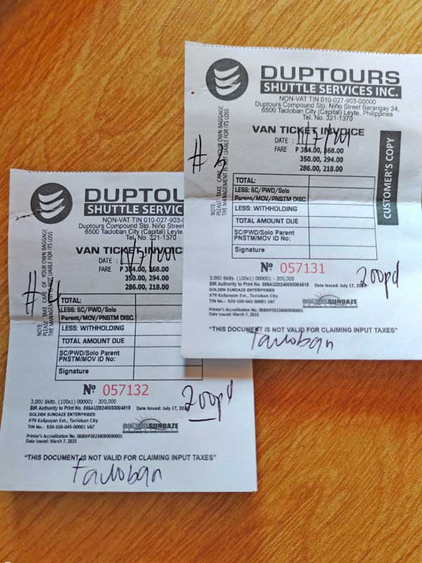 Tickets for two issued by Duptours for Naval to Tacloban trip.
