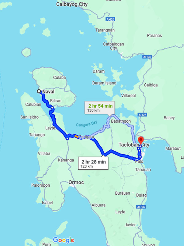 Route Map showing the distance and travel duration for the trip Naval Biliran to Tacloban City.