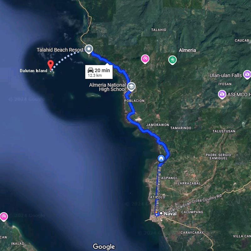 A Google map showing the most efficient route from Naval to Dalutan Island.