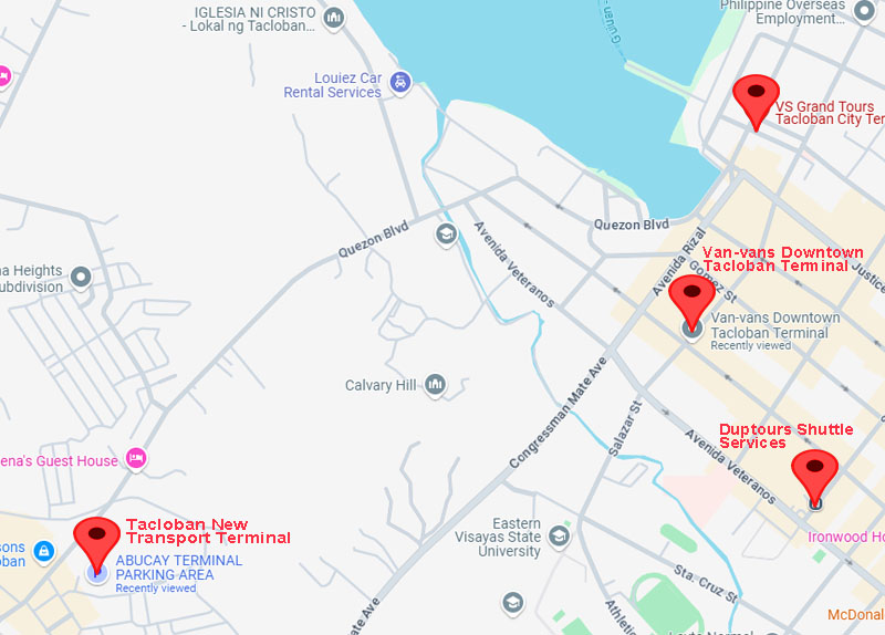 Location map pinning the various shuttle van operators in that ply Tacloban to Naval.