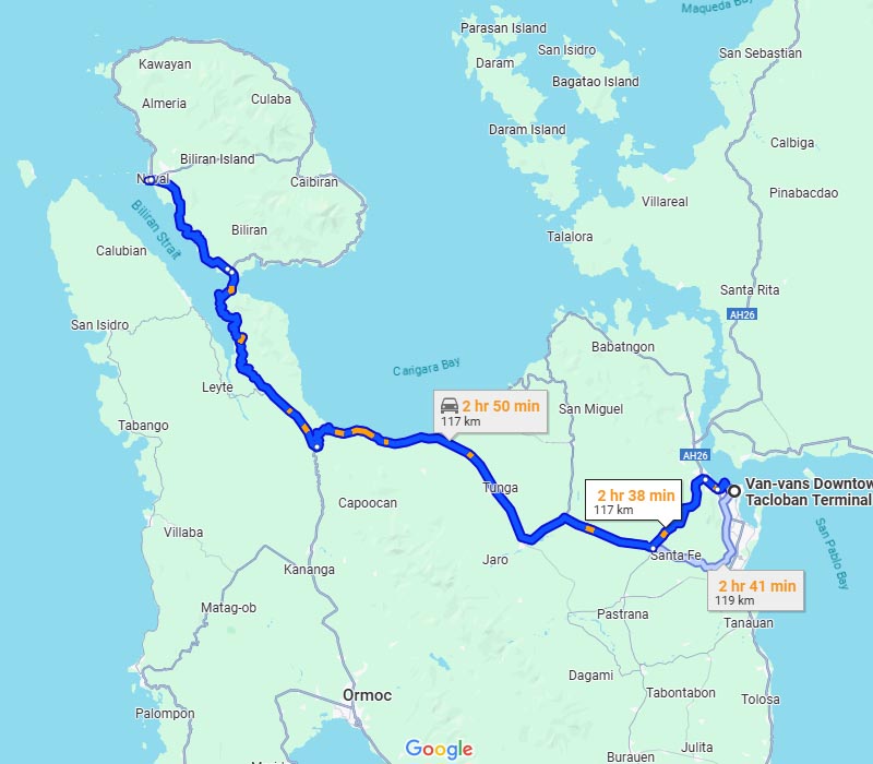 A map that shows the route and travel duration when traveling from Tacloban City To Naval.
